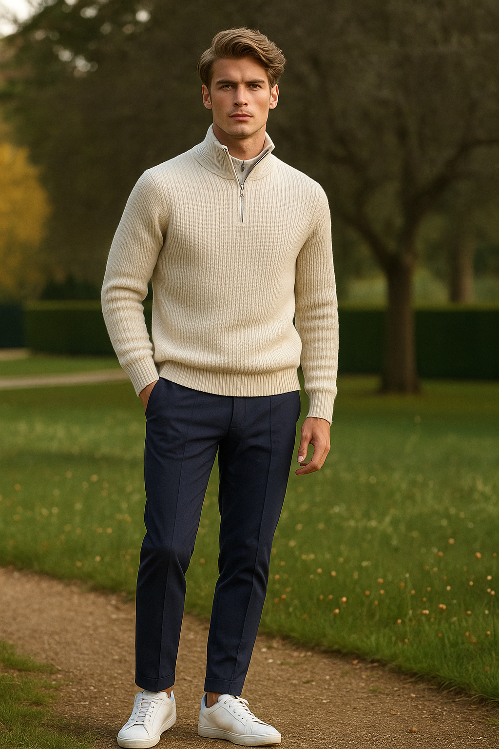 Sartoria Montari – Wollen beige heren vest met rits